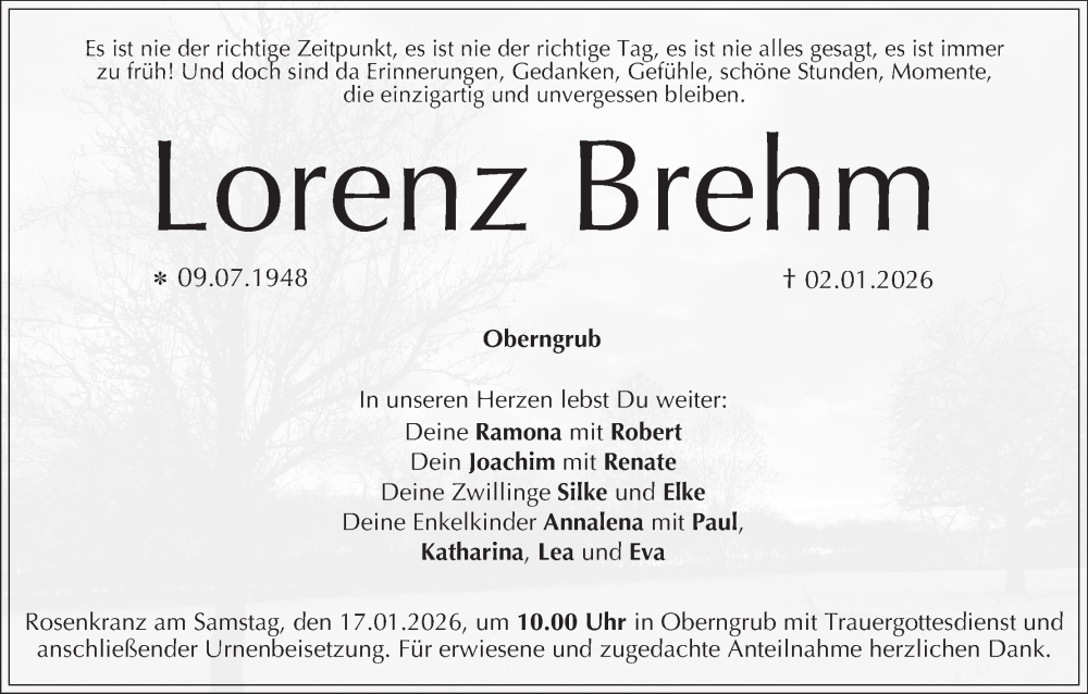 Traueranzeige für Lorenz Brehm vom 10.01.2026 aus MGO