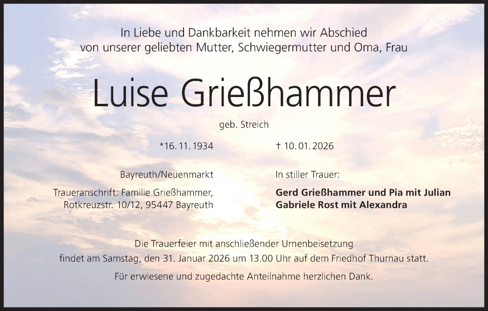  Traueranzeige für Luise Grießhammer vom 24.01.2026 aus MGO