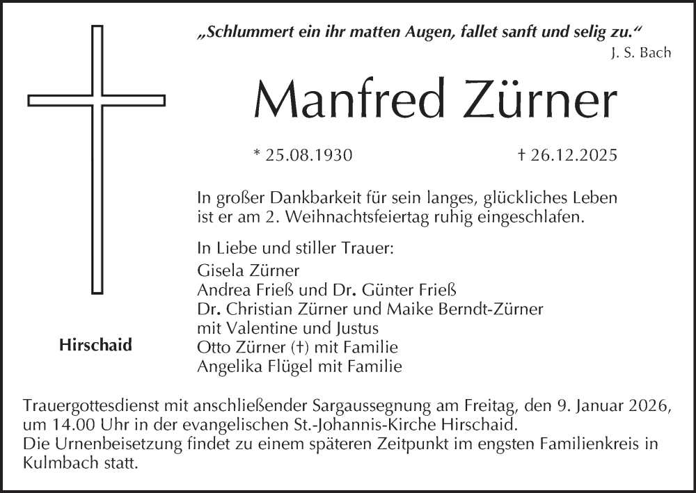  Traueranzeige für Manfred Zürner vom 03.01.2026 aus MGO