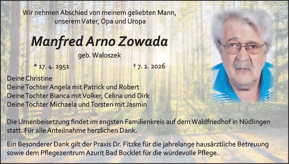  Traueranzeige für Manfred Arno Zowada vom 24.01.2026 aus MGO