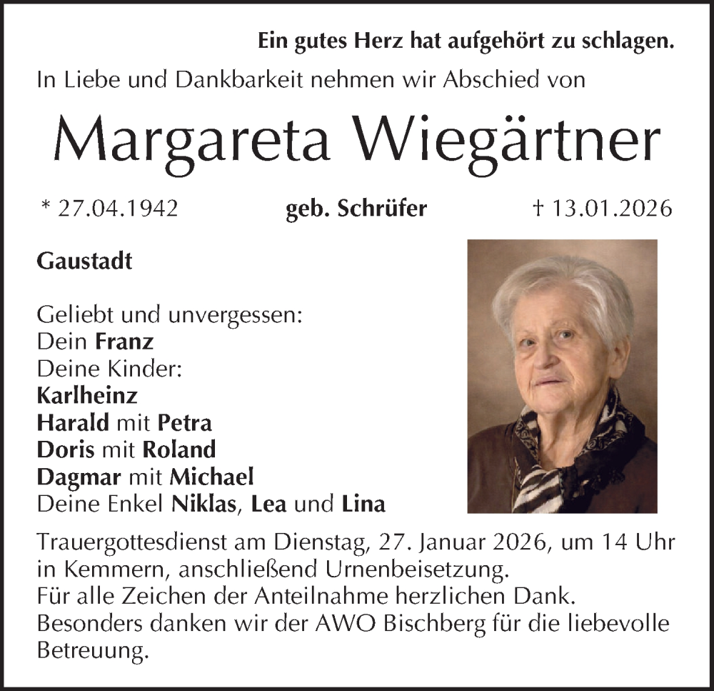  Traueranzeige für Margareta Wiegärtner vom 17.01.2026 aus MGO