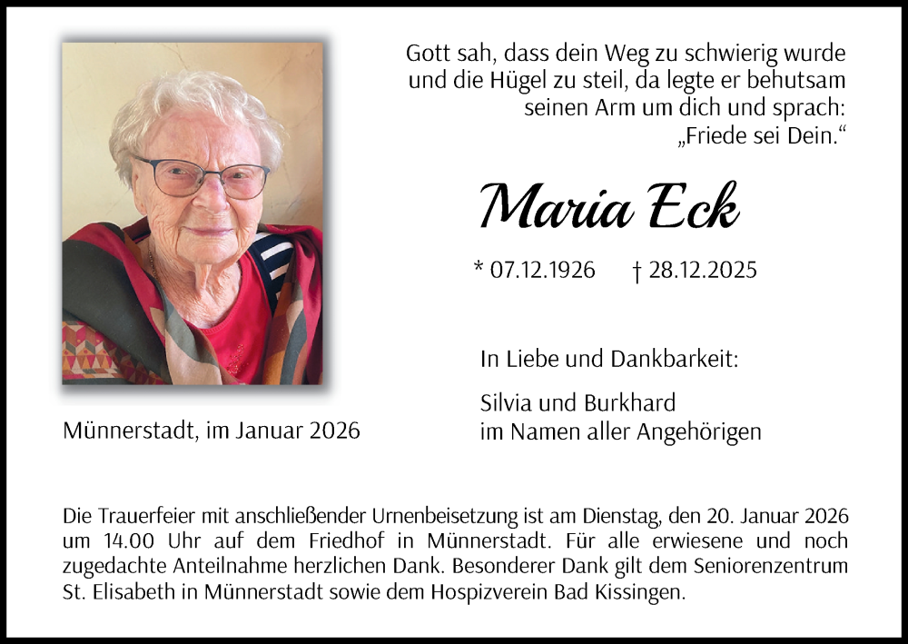  Traueranzeige für Maria Eck vom 17.01.2026 aus MGO