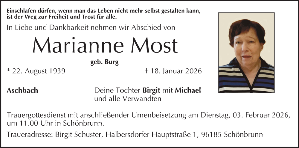  Traueranzeige für Marianne Most vom 31.01.2026 aus MGO