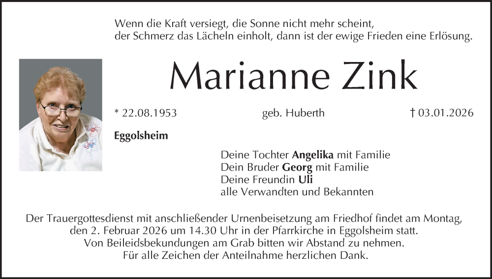  Traueranzeige für Marianne Zink vom 31.01.2026 aus MGO