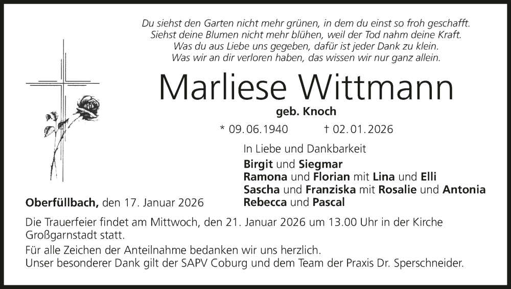  Traueranzeige für Marliese Wittmann vom 17.01.2026 aus MGO