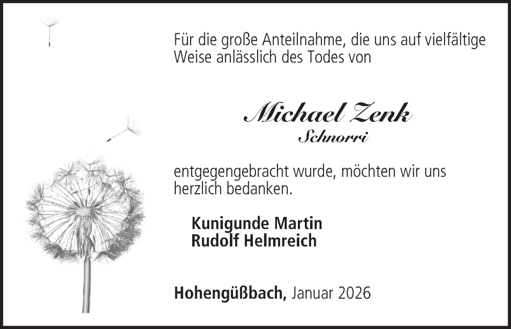  Traueranzeige für Michael Zenk vom 31.01.2026 aus MGO