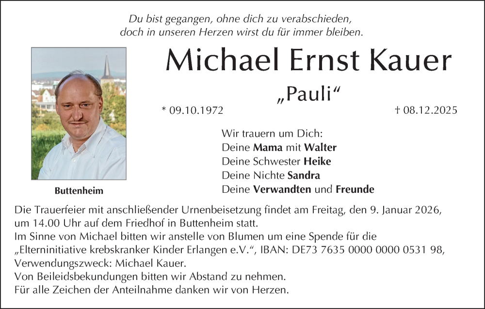  Traueranzeige für Michael Ernst Kauer vom 03.01.2026 aus MGO