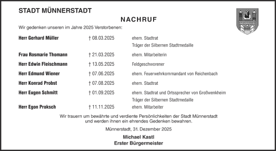 Anzeige von Nachruf 2025 der STADT MÜNNERSTADT  von MGO