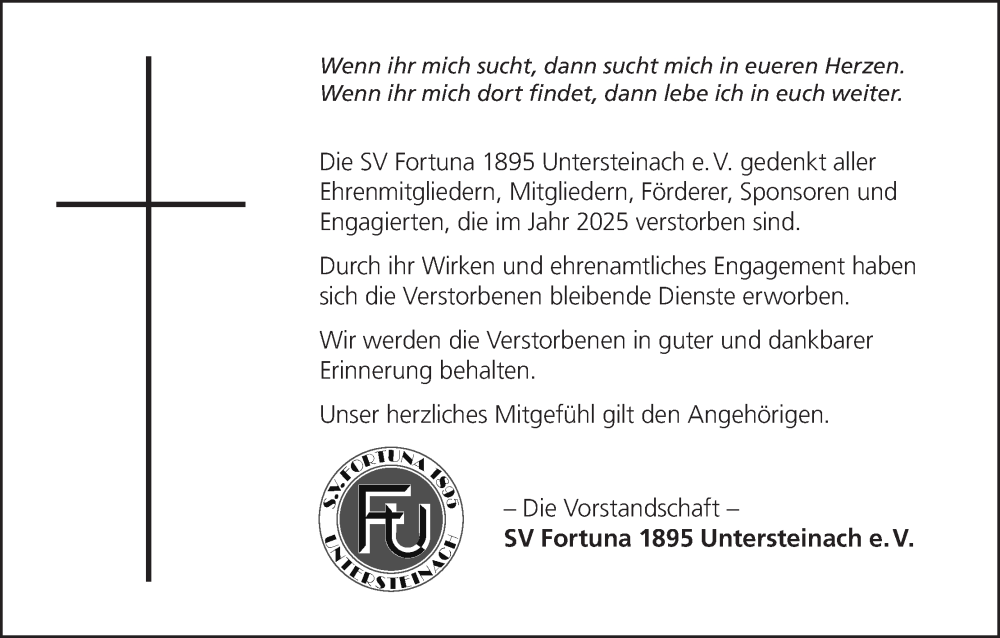  Traueranzeige für Nachruf d. SV Fortuna 1895 Untersteinach e. V. 2025  vom 10.01.2026 aus MGO