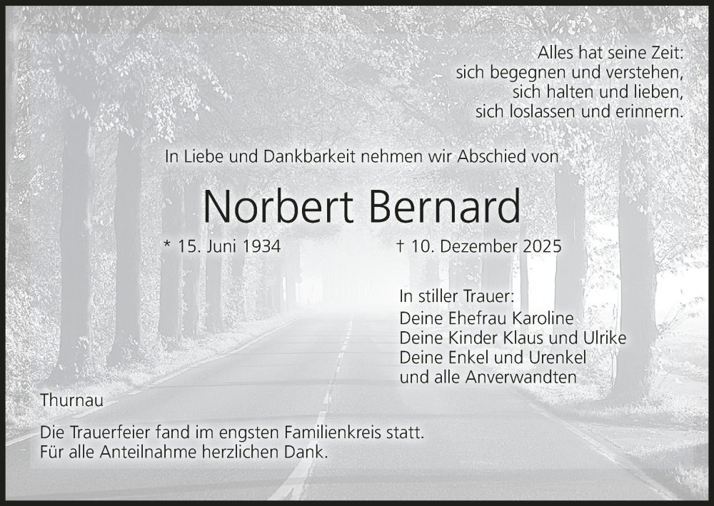  Traueranzeige für Norbert Bernard vom 26.01.2026 aus MGO
