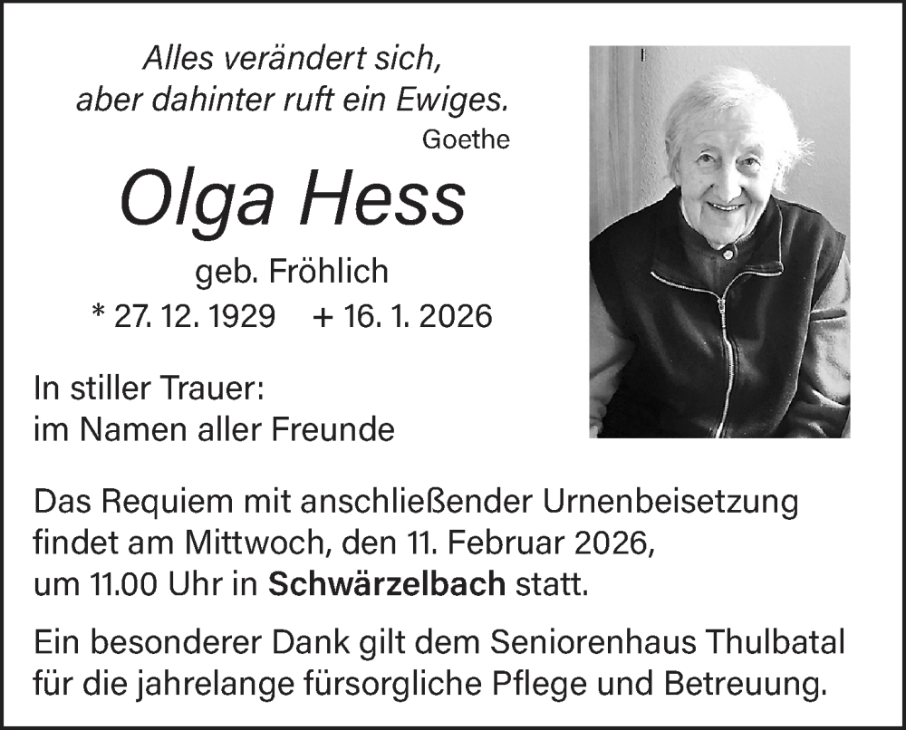  Traueranzeige für Olga Hess vom 31.01.2026 aus MGO