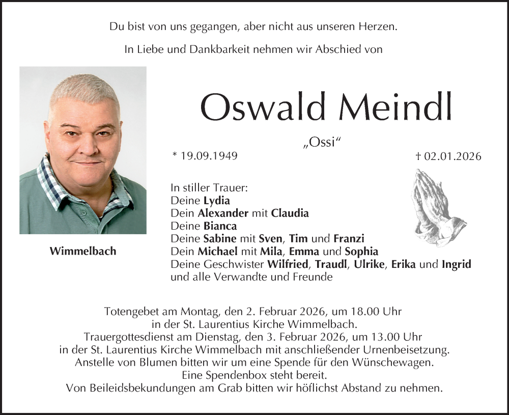  Traueranzeige für Oswald Meindl vom 24.01.2026 aus MGO