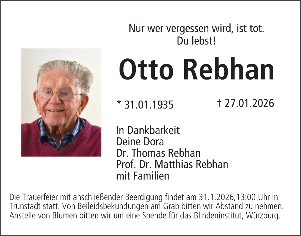  Traueranzeige für Otto Rebhan vom 29.01.2026 aus MGO