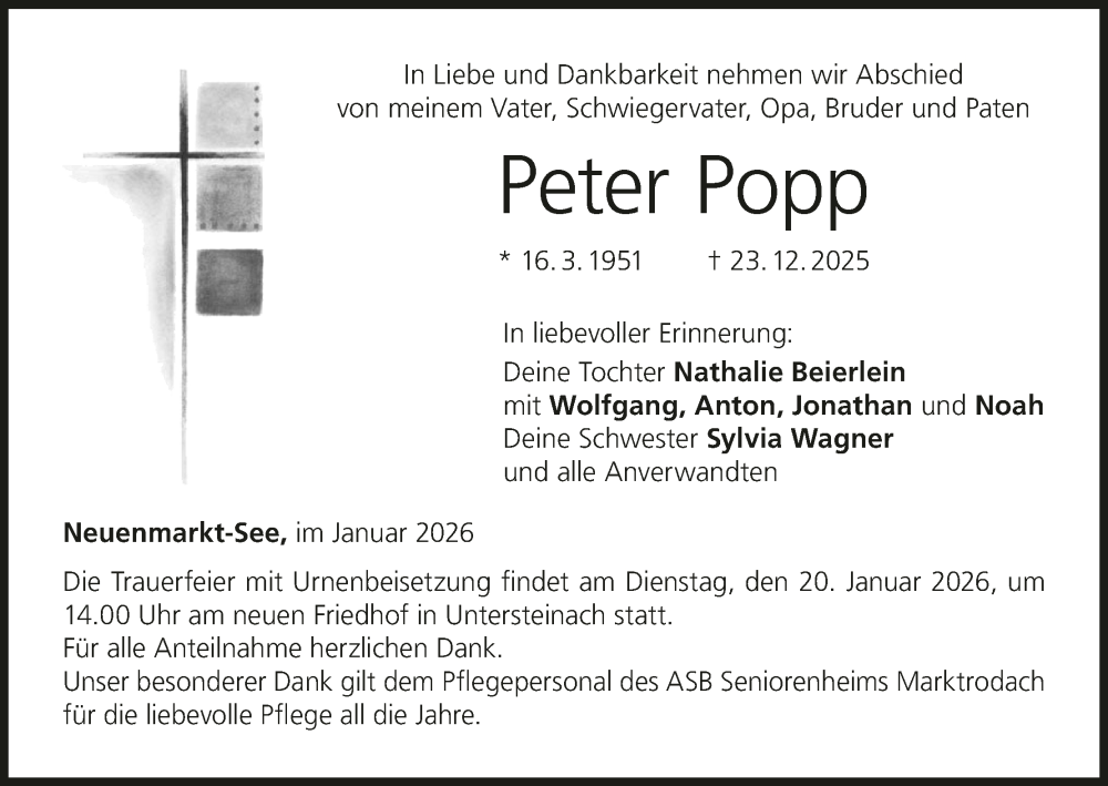  Traueranzeige für Peter Popp vom 17.01.2026 aus MGO