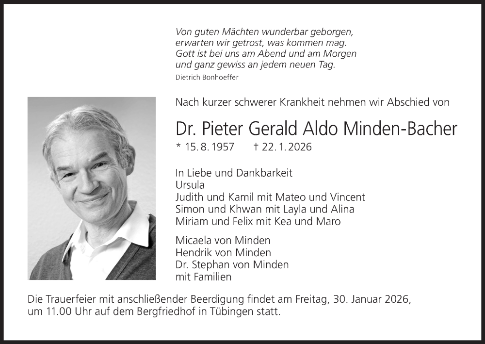  Traueranzeige für Pieter Gerald Aldo Minden-Bacher vom 27.01.2026 aus MGO