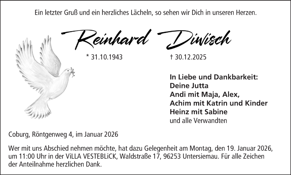  Traueranzeige für Reinhard Diwisch vom 10.01.2026 aus MGO