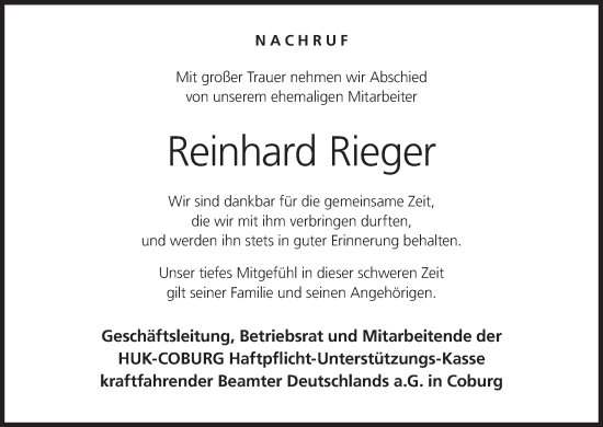 Anzeige von Reinhard Rieger von MGO