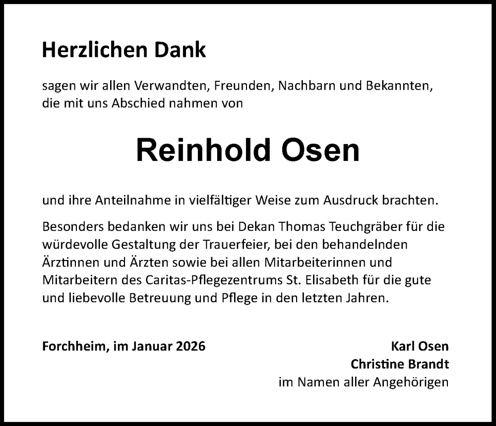  Traueranzeige für Reinhold Osen vom 31.01.2026 aus MGO