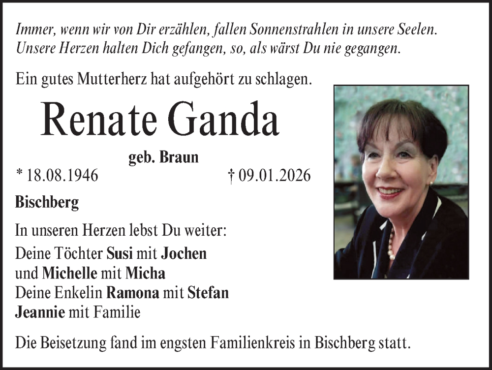  Traueranzeige für Renate Ganda vom 24.01.2026 aus MGO