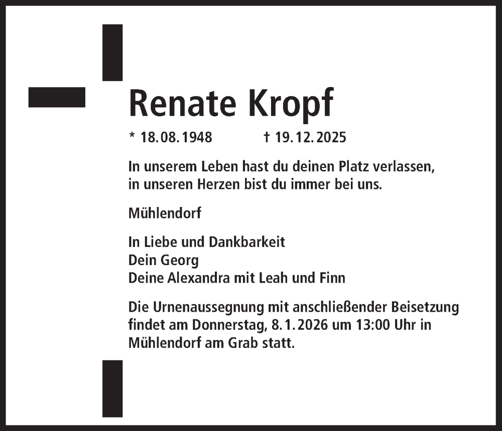  Traueranzeige für Renate Kropf vom 03.01.2026 aus MGO