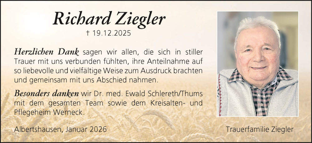  Traueranzeige für Richard Ziegler vom 24.01.2026 aus MGO