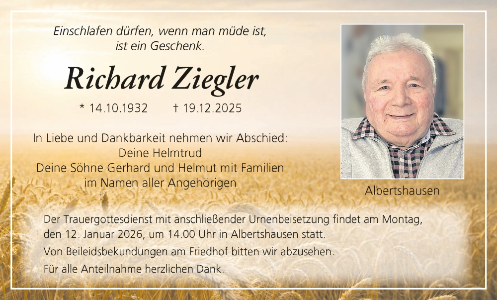  Traueranzeige für Richard Ziegler vom 03.01.2026 aus MGO