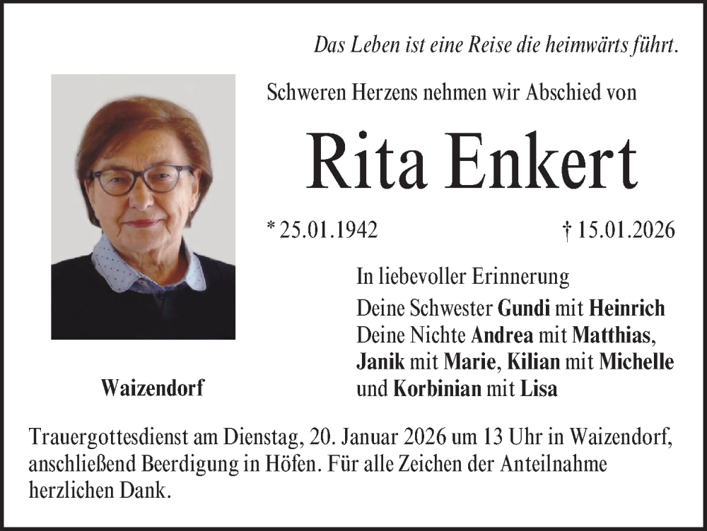  Traueranzeige für Rita Enkert vom 17.01.2026 aus MGO
