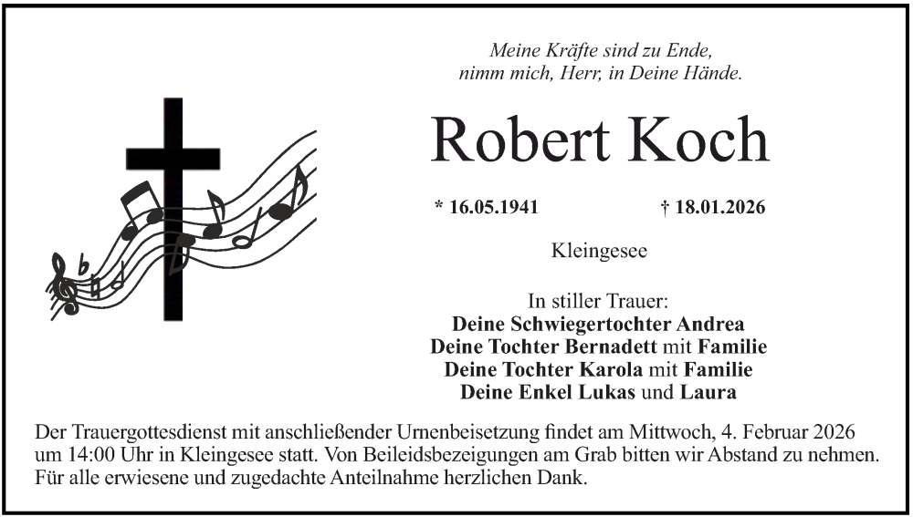  Traueranzeige für Robert Koch vom 31.01.2026 aus MGO