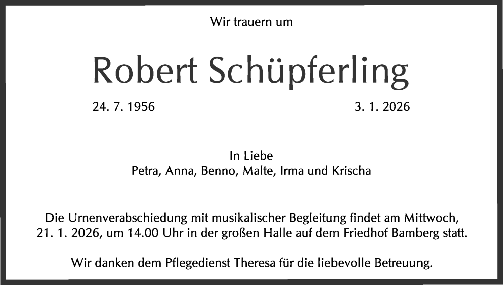  Traueranzeige für Robert Schüpferling vom 10.01.2026 aus MGO