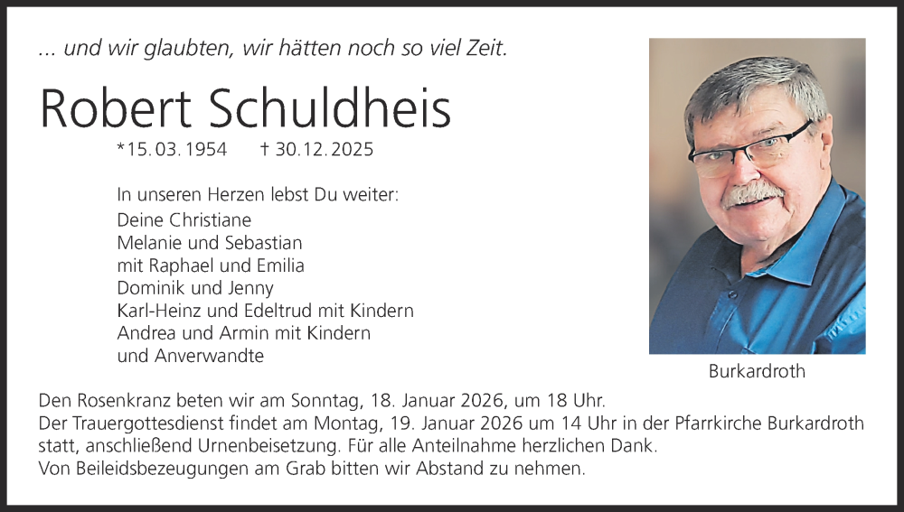  Traueranzeige für Robert Schuldheis vom 10.01.2026 aus MGO