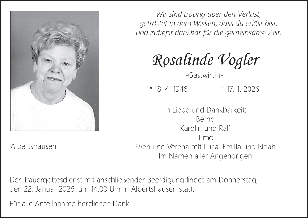  Traueranzeige für Rosalinde Vogler vom 20.01.2026 aus MGO
