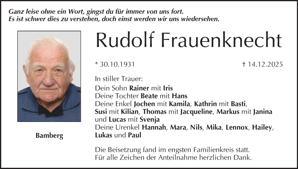  Traueranzeige für Rudolf Frauenknecht vom 10.01.2026 aus MGO