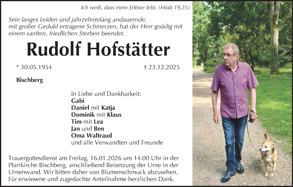  Traueranzeige für Rudolf Hofstätter vom 10.01.2026 aus MGO