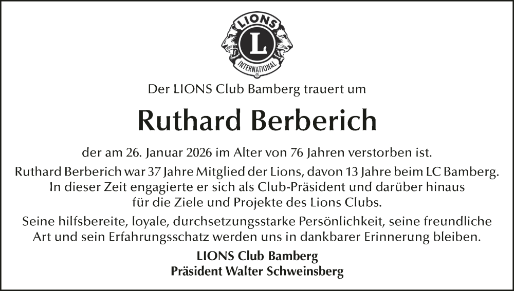  Traueranzeige für Ruthard Berberich vom 31.01.2026 aus MGO