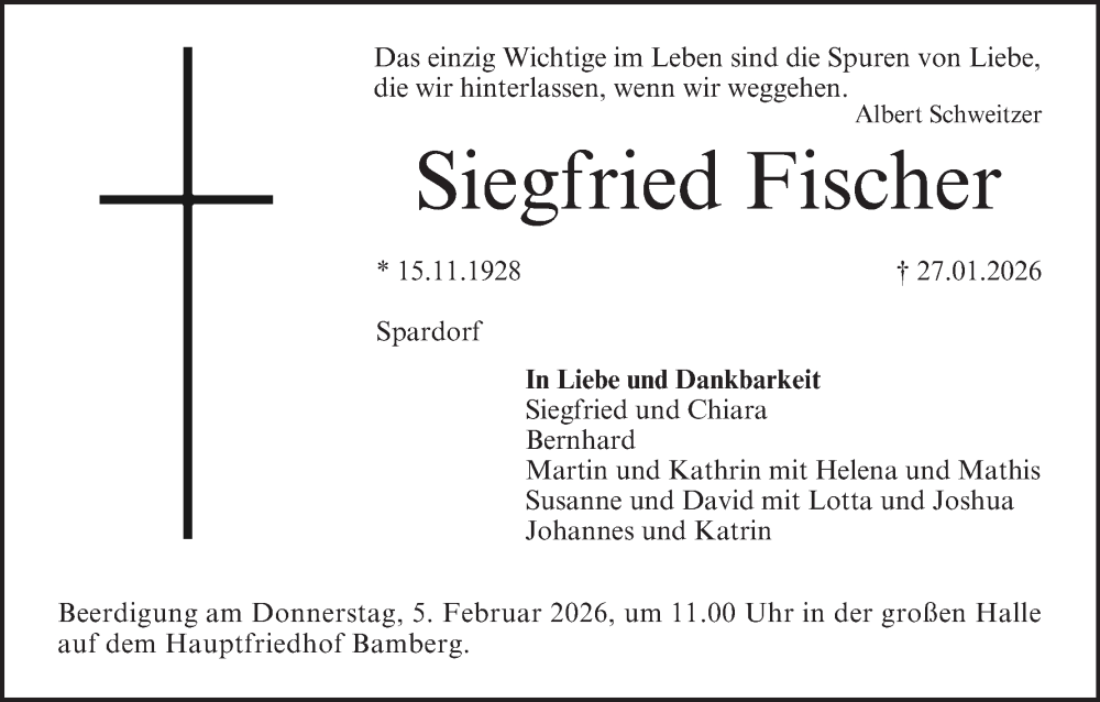  Traueranzeige für Siegfried Fischer vom 31.01.2026 aus MGO