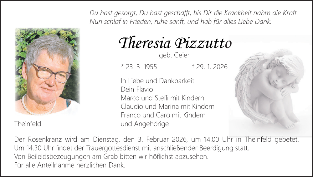  Traueranzeige für Theresia Pizzutto vom 31.01.2026 aus MGO