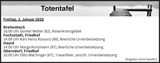 Anzeige von Totentafel vom 02.01.2026 von MGO