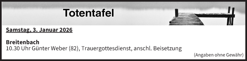  Traueranzeige für Totentafel vom 03.01.2026 vom 03.01.2026 aus MGO