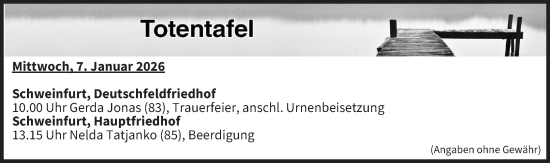 Anzeige von Totentafel vom 07.01.2026 von MGO