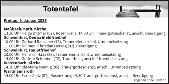 Anzeige von Totentafel vom 09.01.2026 von MGO