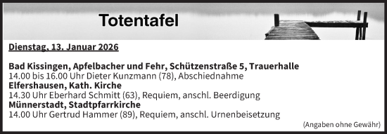 Anzeige von Totentafel vom 13.01.2026 von MGO