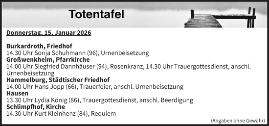 Anzeige von Totentafel vom 15.01.2026 von MGO