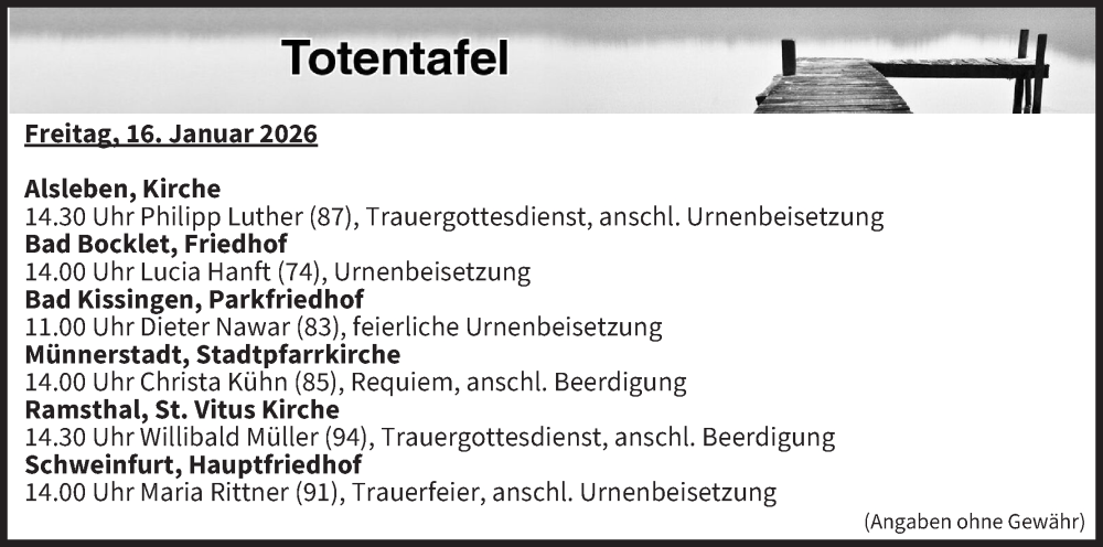  Traueranzeige für Totentafel vom 16.01.2026 vom 16.01.2026 aus MGO