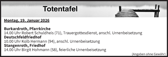 Anzeige von Totentafel vom 19.01.2026 von MGO