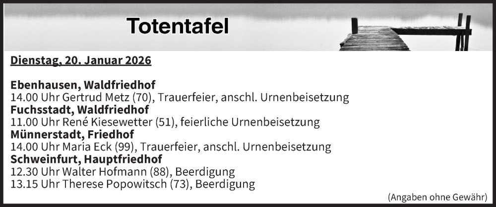  Traueranzeige für Totentafel vom 20.01.2026 vom 20.01.2026 aus MGO