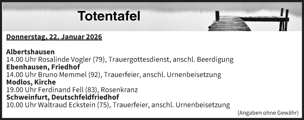  Traueranzeige für Totentafel vom 22.01.2026 vom 22.01.2026 aus MGO
