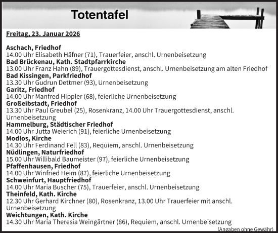Anzeige von Totentafel vom 23.01.2026 von MGO