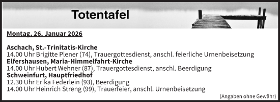 Anzeige von Totentafel vom 26.01.2026 von MGO