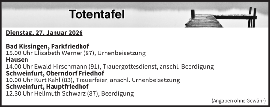 Anzeige von Totentafel vom 27.01.2026 von MGO