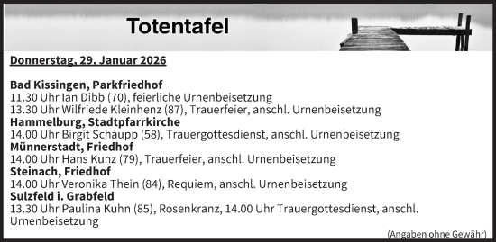 Anzeige von Totentafel vom 29.01.2026 von MGO